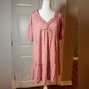 Knox Rose Pink Paisley Boho Chic Mini Tiered Short Sleeve Dress V Neck Size M